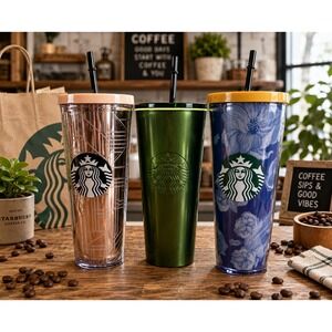 Starbucks 3 Tumbler Lot Rose Gold Green Blue Floral Cold Cup Straw Reusable